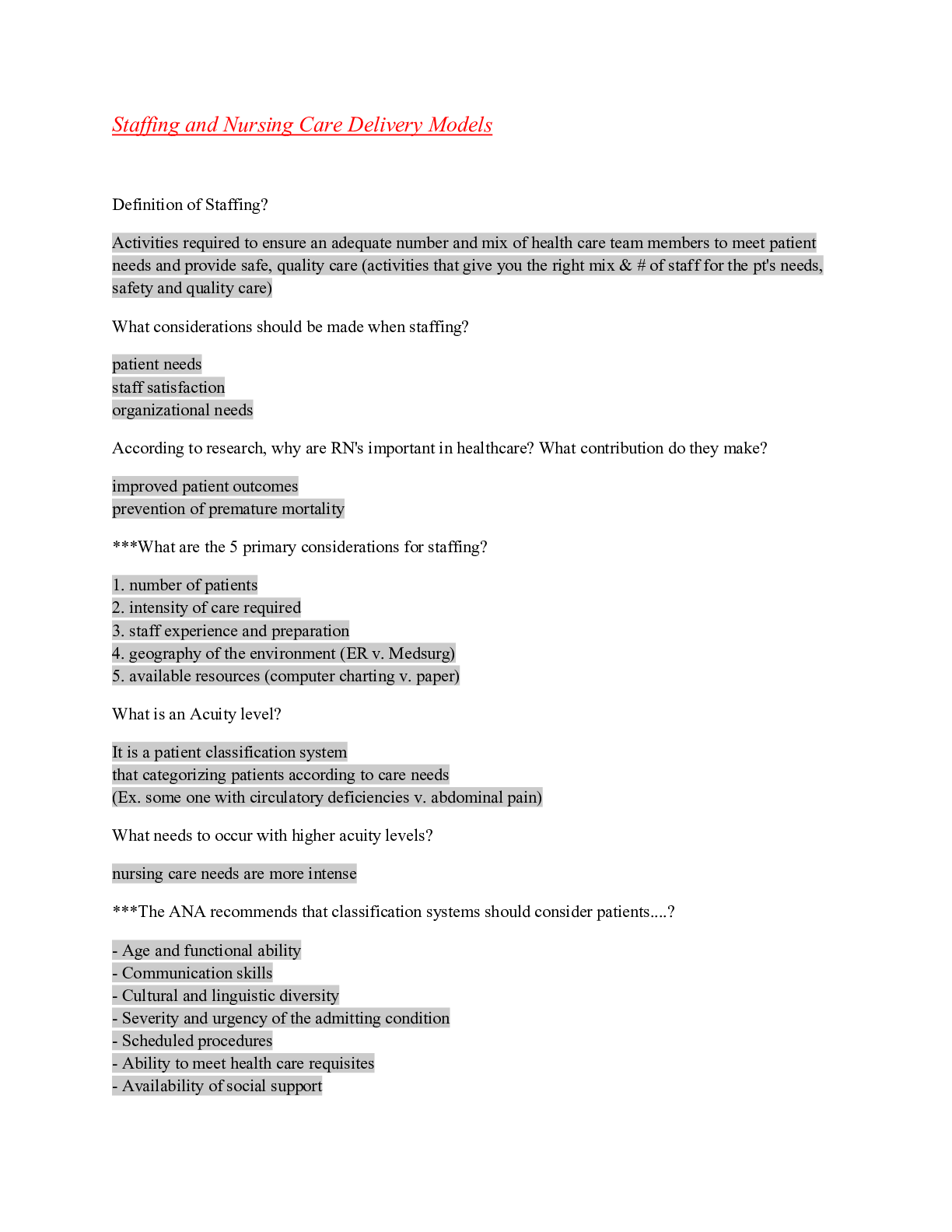 Staffing and Nursing Care Delivery Models Browsegrades
